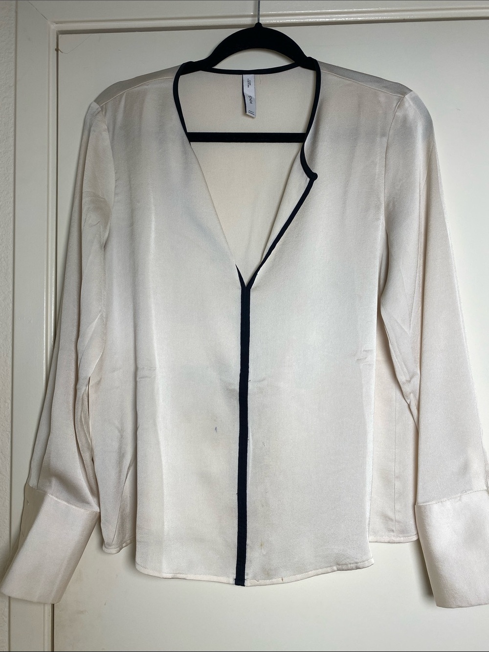 Elegant Cream Silk-Feel Blouse with Black Trim